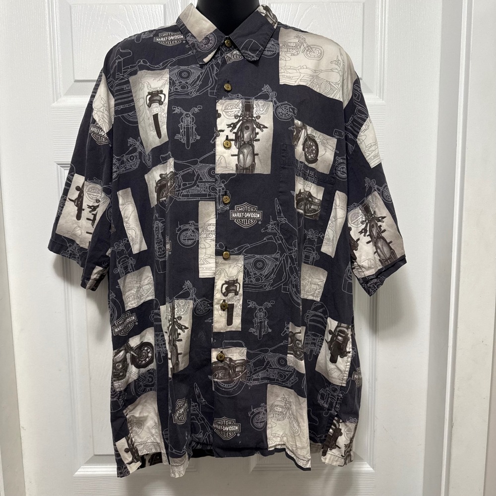 Harley Davidson Motorcycle Print Button Up Shirt Mens XL Black Tan Short Sleeve